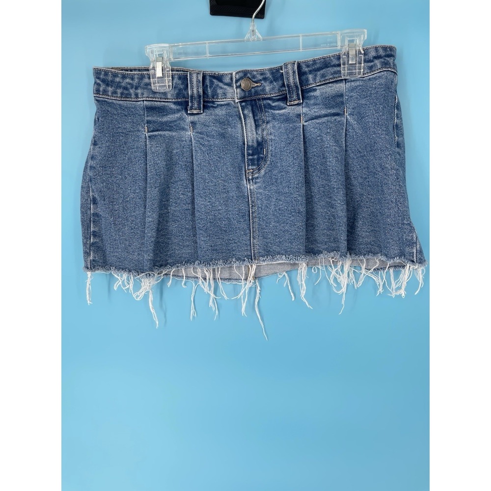 Cello Blue Denim Pleated Mini‎ Skirt | Raw Hem Jean Skirt Size L